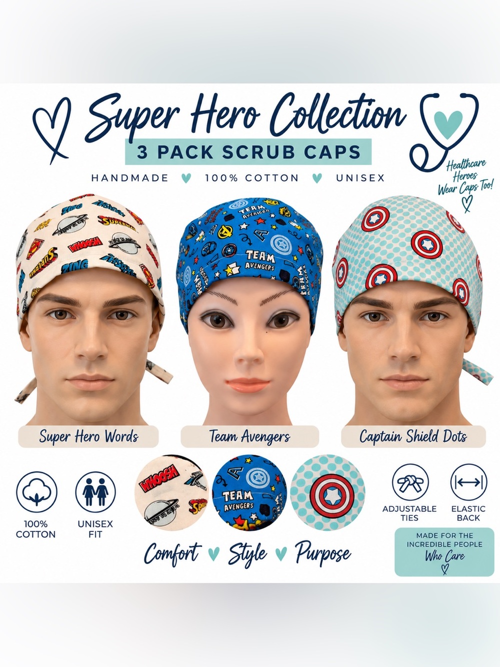3 Pack Handmade Unisex Scrub Caps Super Hero Collection 100% Cotton